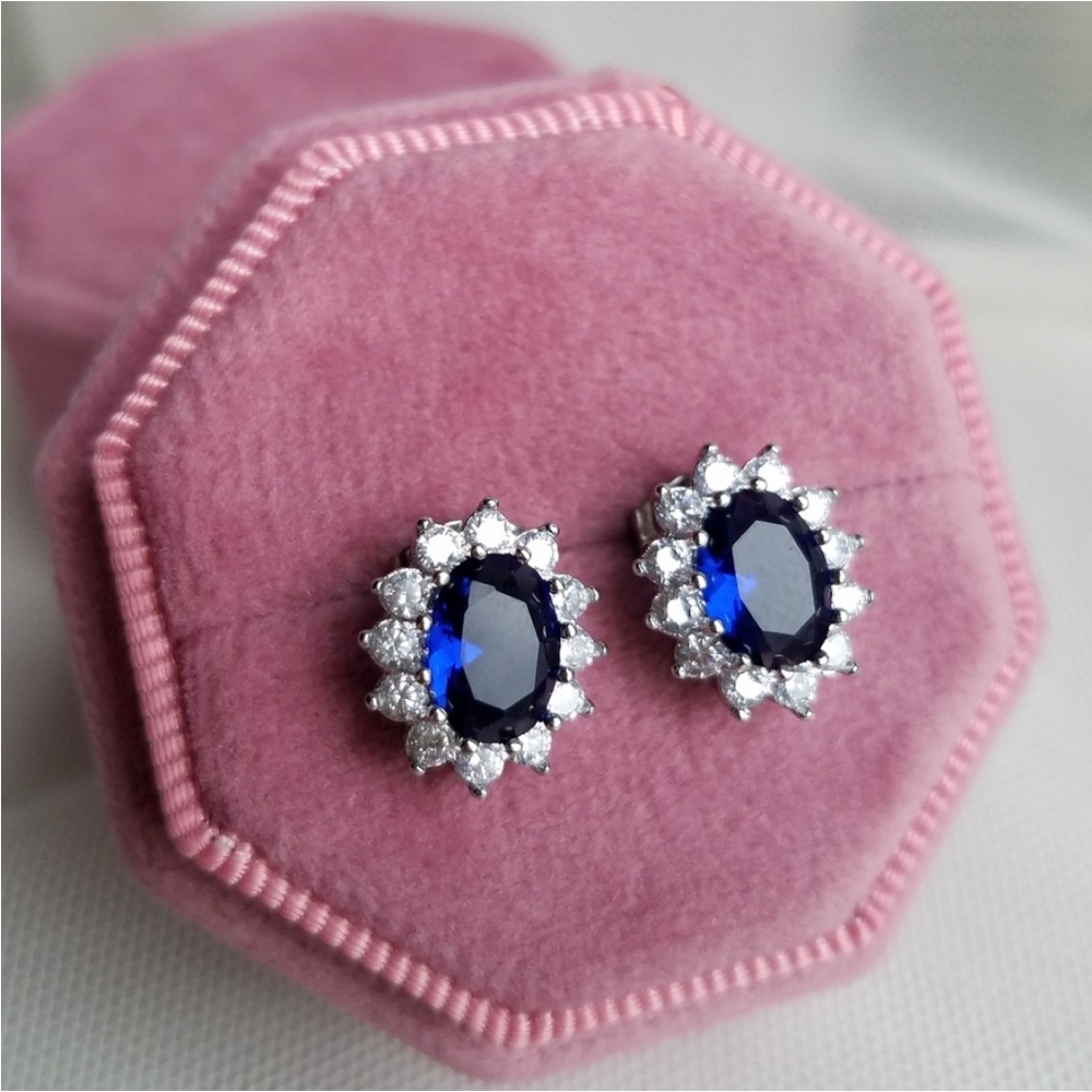 Swarovski Elements 925 Sterling Silver Blue Sapphire Diana Stud Earrings NEW